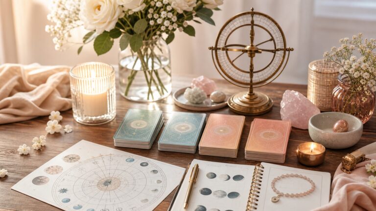 Astrology compatibility and love tarot table with cards, birth chart, candle, and flowers