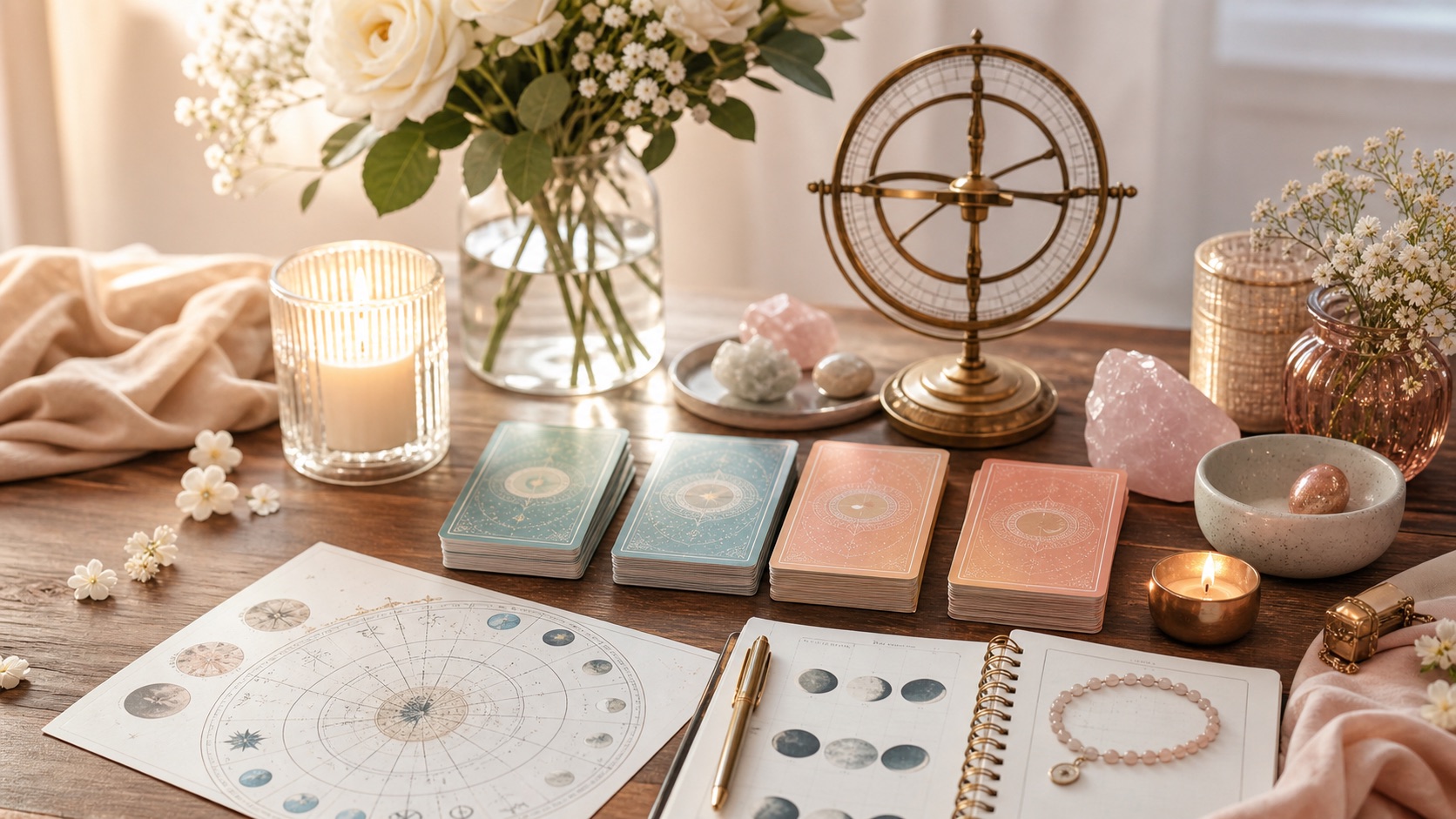 Astrology compatibility and love tarot table with cards, birth chart, candle, and flowers