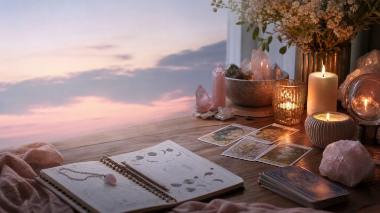 Spiritual love reading table with tarot cards, rose quartz, astrology notes, and candles
