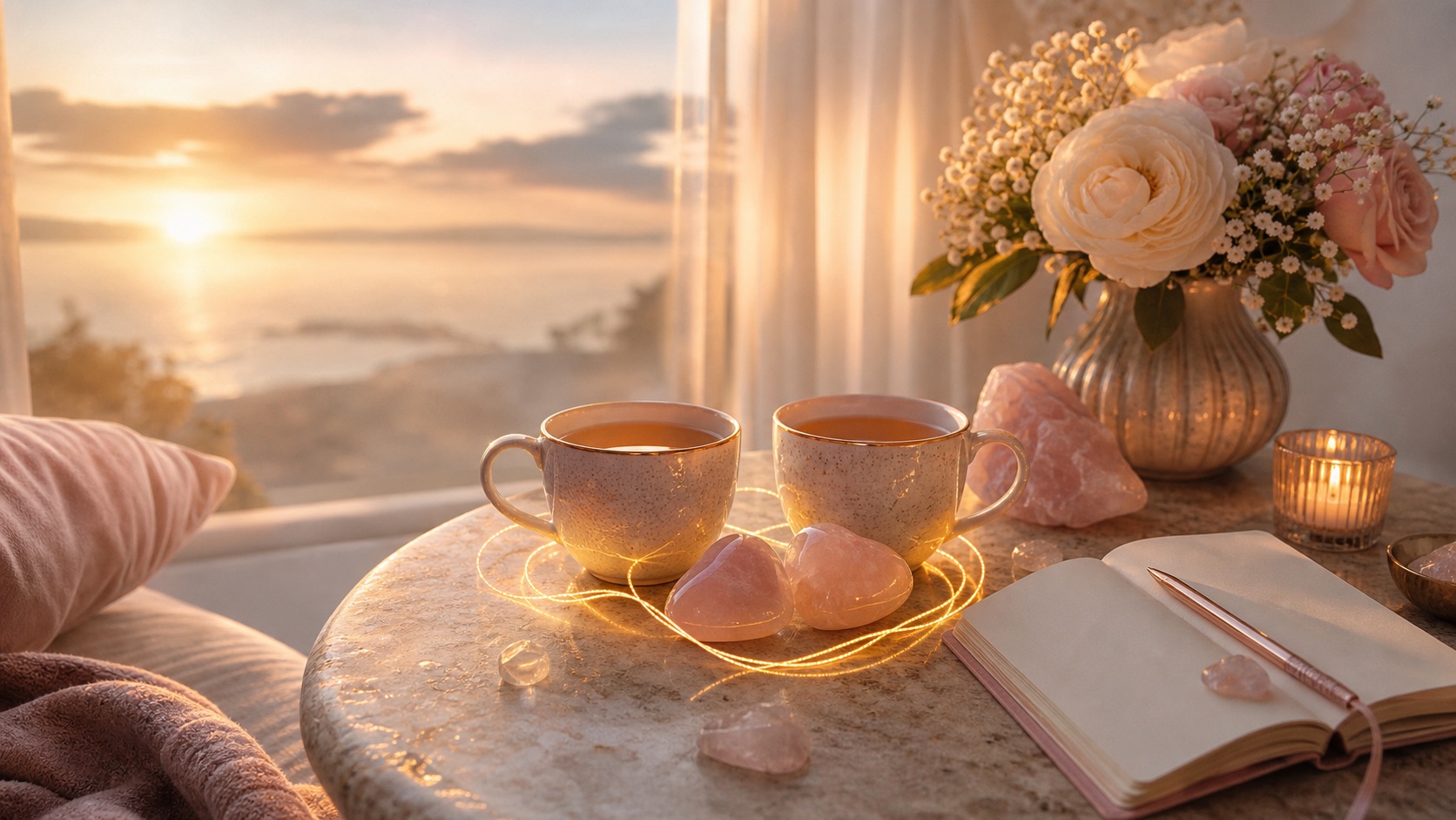 Twin flame and soulmate connection symbolized by tea, rose quartz, journal, and morning light